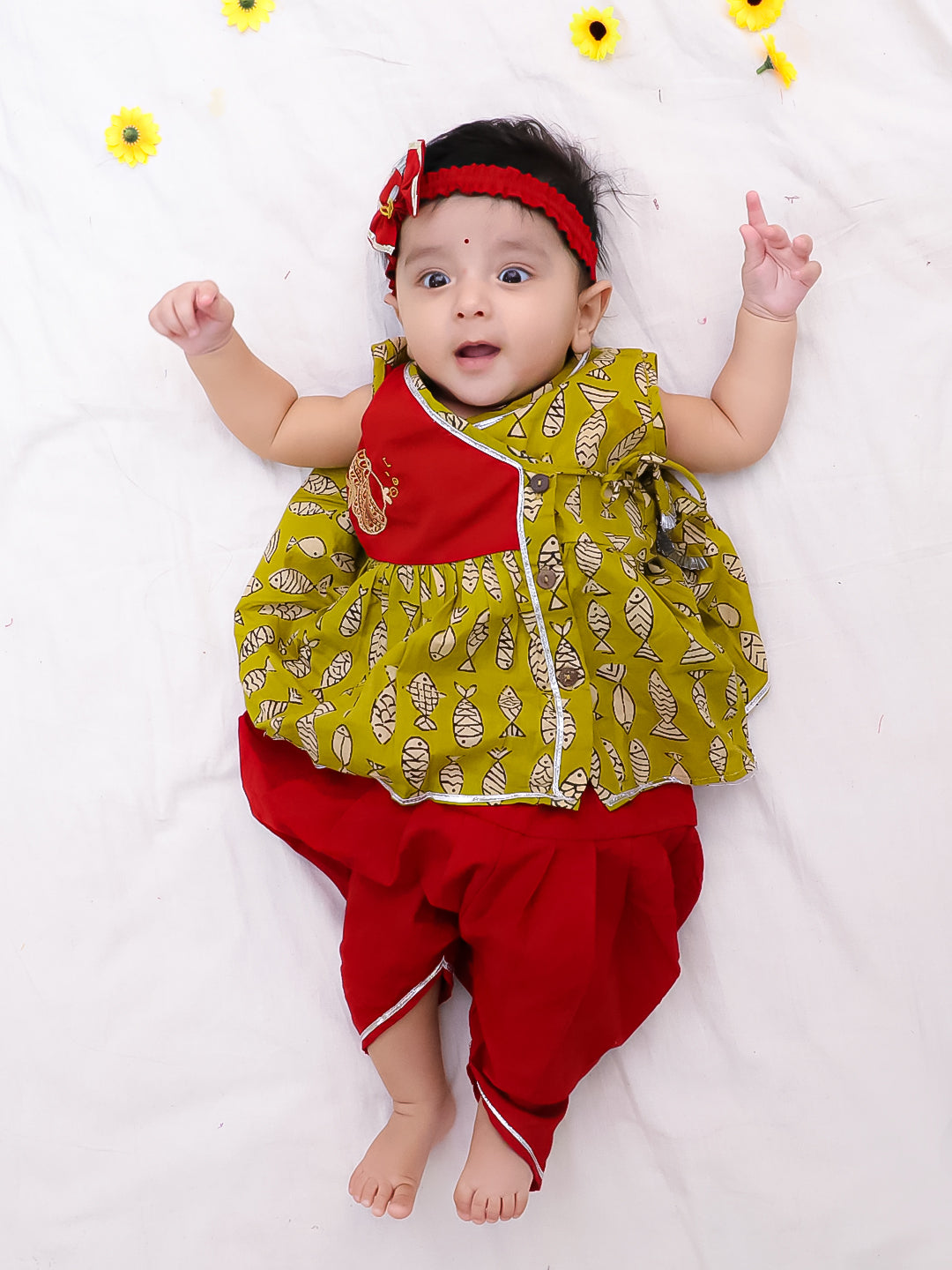 BownBee Pure Cotton Embroidered Sleeveless Angarakha style Fish Print Kurti With Dhoti For Infant Girls- Mustard