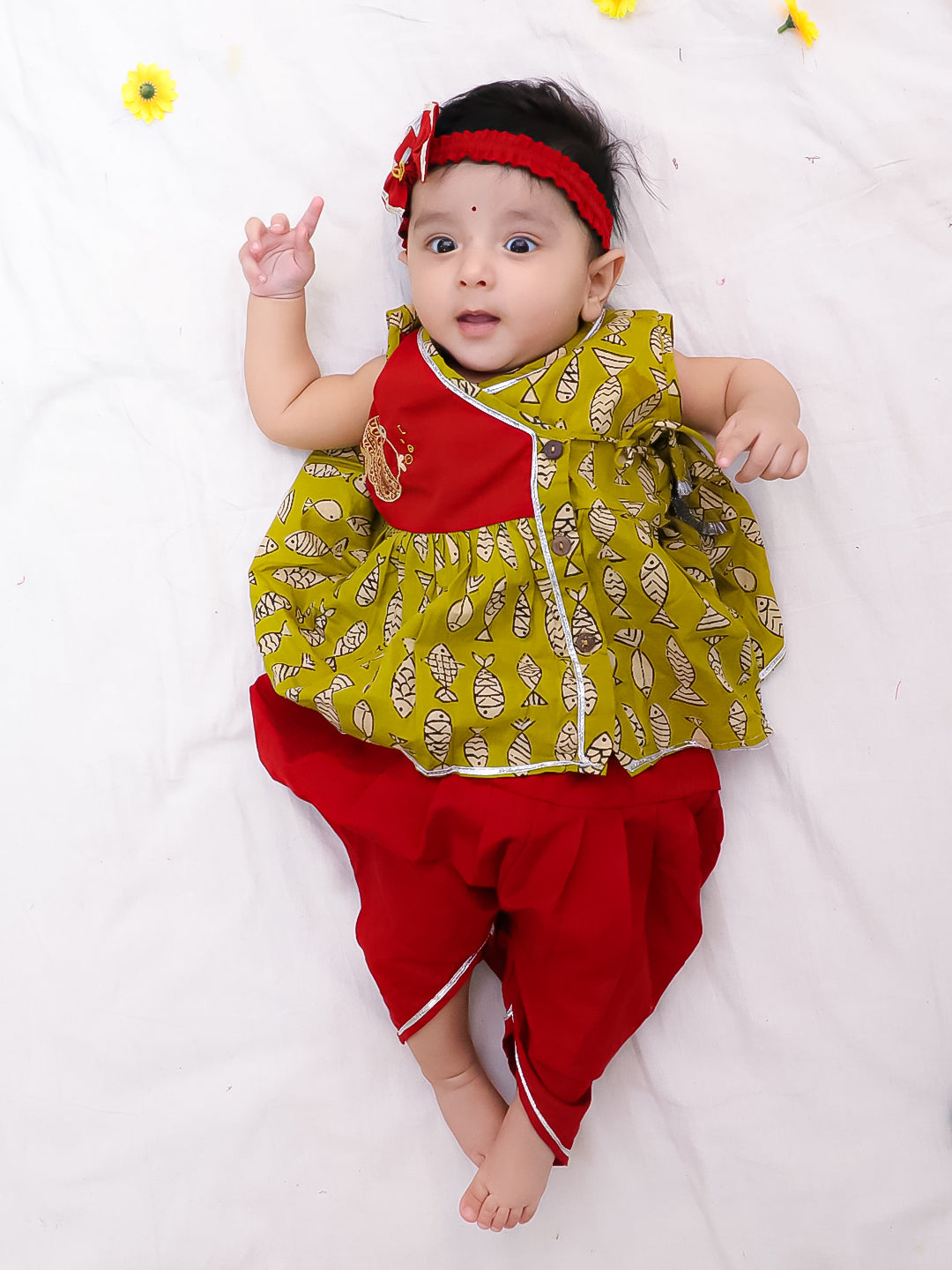 BownBee Pure Cotton Embroidered Sleeveless Angarakha style Fish Print Kurti With Dhoti For Infant Girls- Mustard