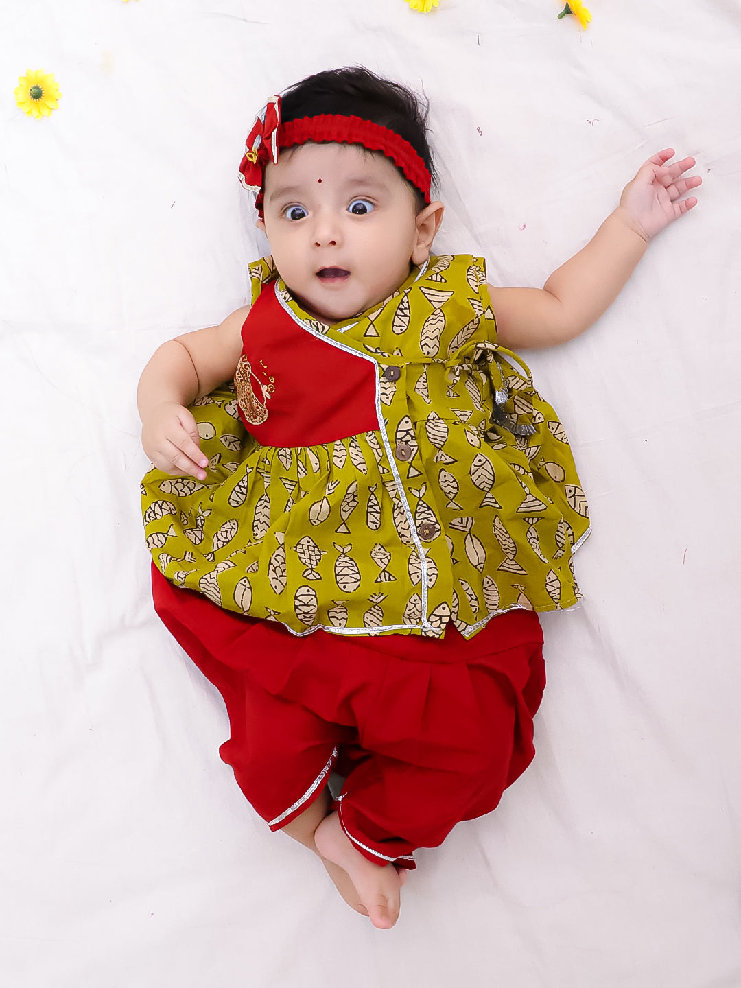 BownBee Pure Cotton Embroidered Sleeveless Angarakha style Fish Print Kurti With Dhoti For Infant Girls- Mustard