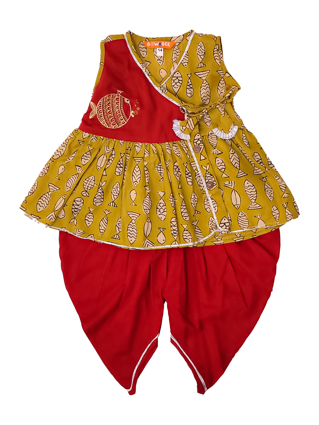 BownBee Pure Cotton Embroidered Sleeveless Angarakha style Fish Print Kurti With Dhoti For Infant Girls- Mustard