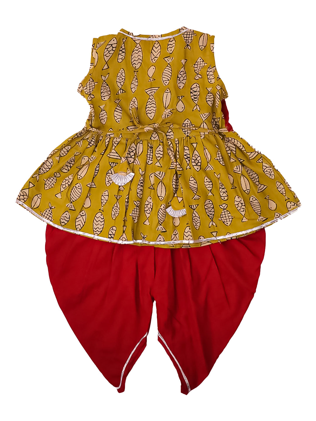 BownBee Pure Cotton Embroidered Sleeveless Angarakha style Fish Print Kurti With Dhoti For Infant Girls- Mustard