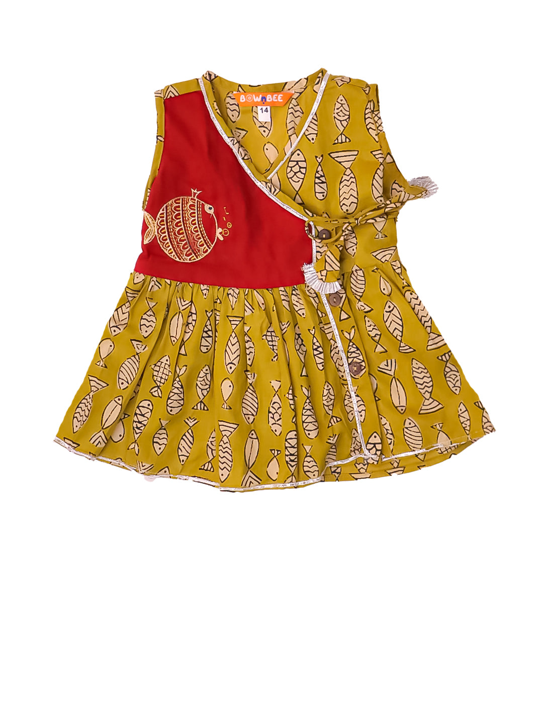 BownBee Pure Cotton Embroidered Sleeveless Angarakha style Fish Print Kurti With Dhoti For Infant Girls- Mustard