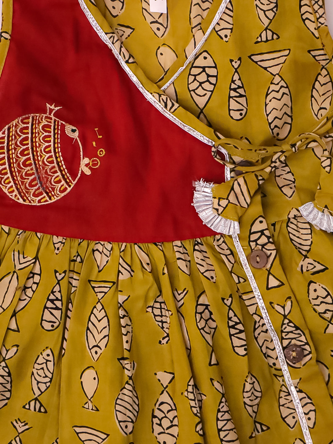 BownBee Pure Cotton Embroidered Sleeveless Angarakha style Fish Print Kurti With Dhoti For Infant Girls- Mustard