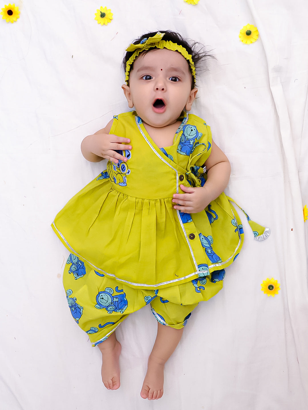 BownBee Pure Cotton Embroidered Sleeveless Angarakha style Fish Print Kurti With Dhoti For Infant Girls- Mustard