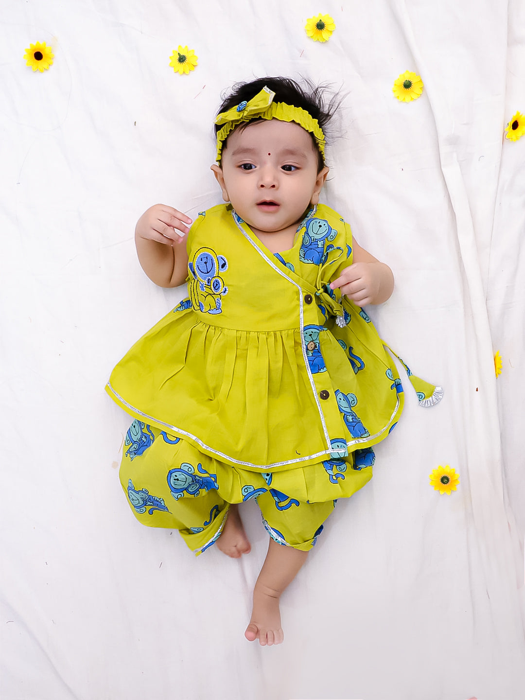 BownBee Pure Cotton Embroidered Sleeveless Angarakha style Fish Print Kurti With Dhoti For Infant Girls- Mustard
