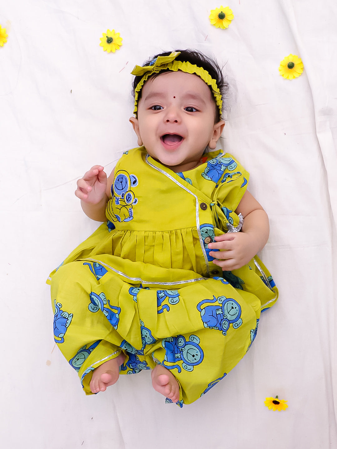 BownBee Pure Cotton Embroidered Sleeveless Angarakha style Fish Print Kurti With Dhoti For Infant Girls- Mustard