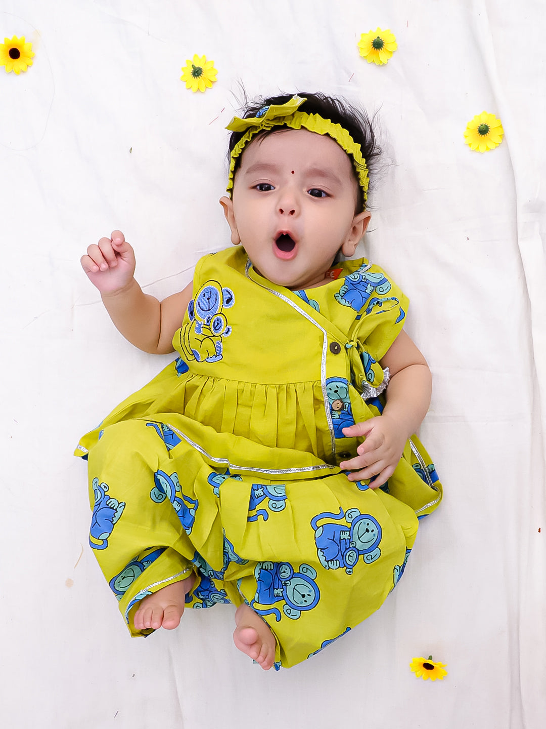 BownBee Pure Cotton Embroidered Sleeveless Angarakha style Fish Print Kurti With Dhoti For Infant Girls- Mustard