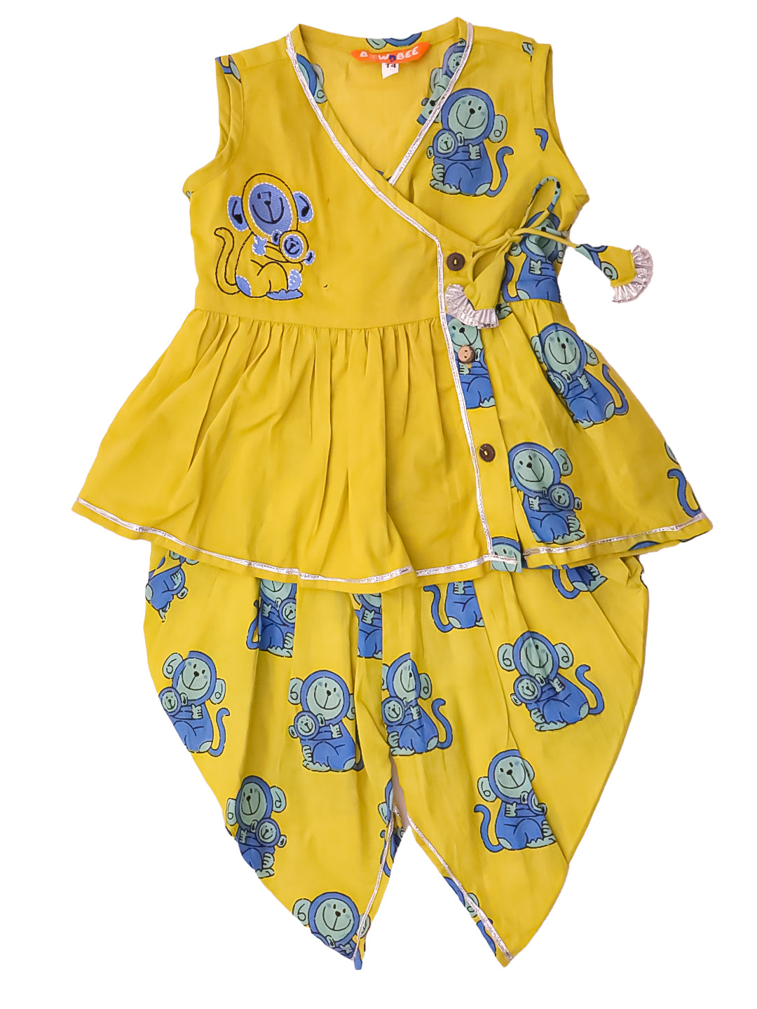 BownBee Pure Cotton Embroidered Sleeveless Angarakha style Fish Print Kurti With Dhoti For Infant Girls- Mustard