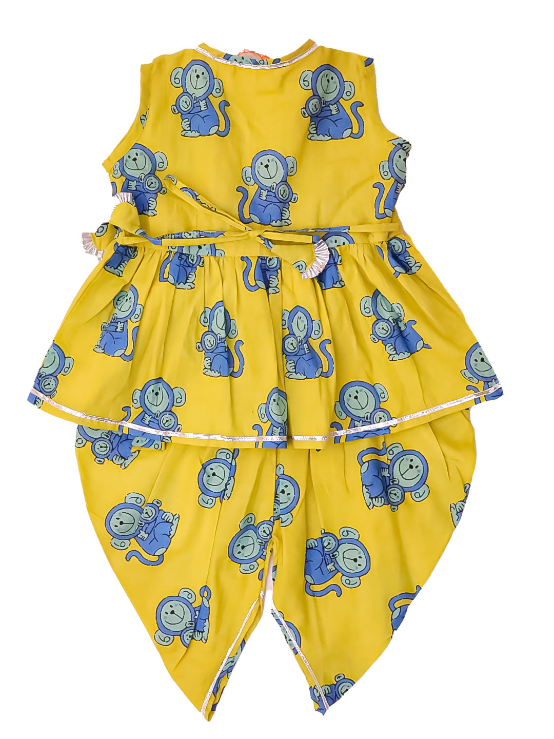 BownBee Pure Cotton Embroidered Sleeveless Angarakha style Fish Print Kurti With Dhoti For Infant Girls- Mustard