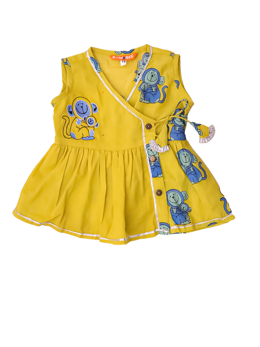 BownBee Pure Cotton Embroidered Sleeveless Angarakha style Fish Print Kurti With Dhoti For Infant Girls- Mustard
