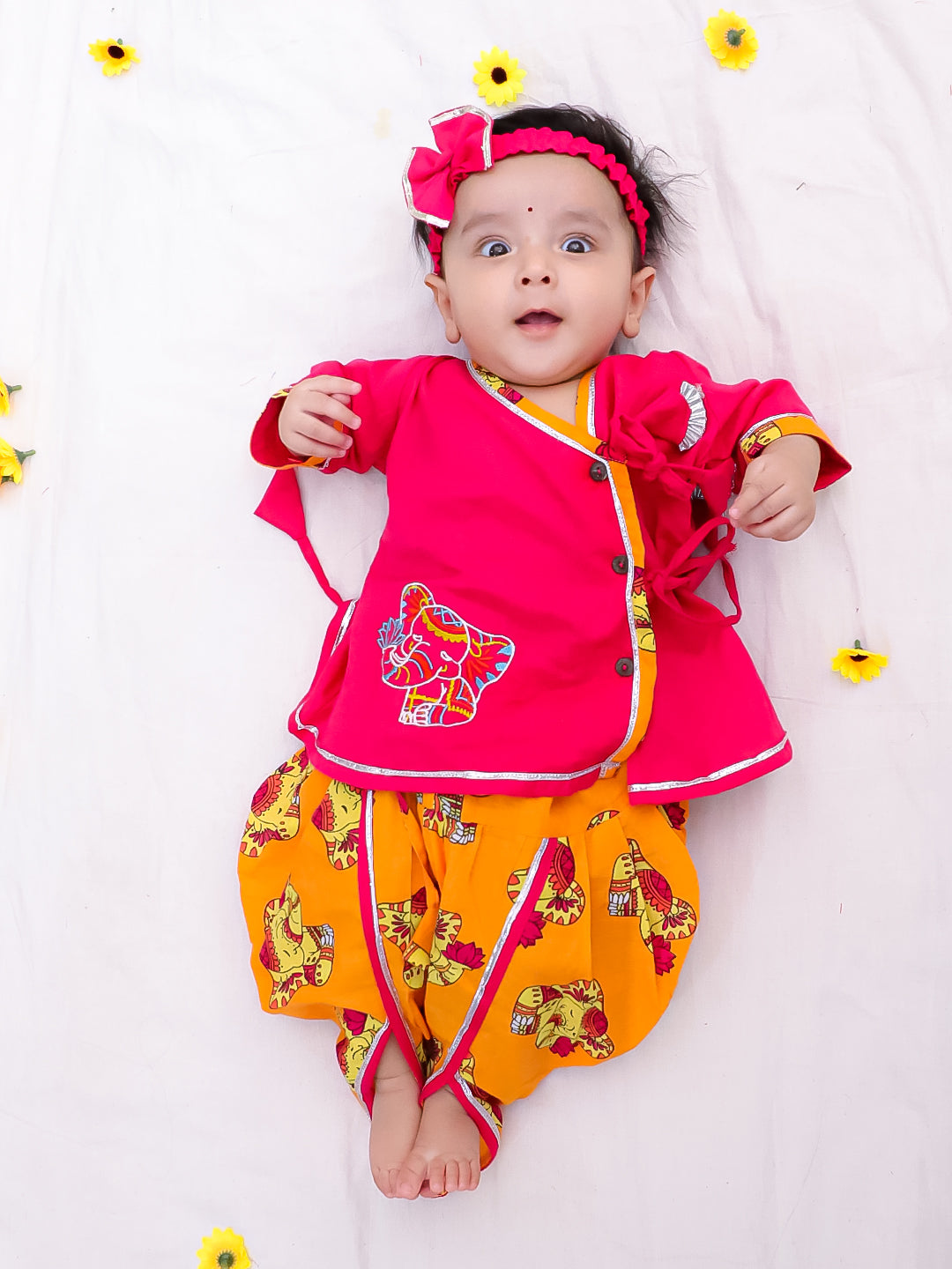 BownBee Pure Cotton Embroidered Sleeveless Angarakha style Elephant Print Kurti With Dhoti For Infant Girls- Pink