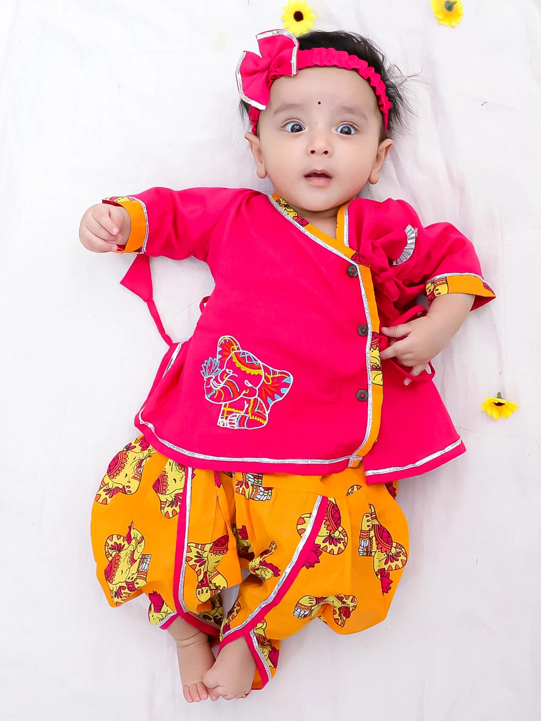 Bownbee Girls Cotton Ethnic Set For Infants  - Embroidered - Mustard