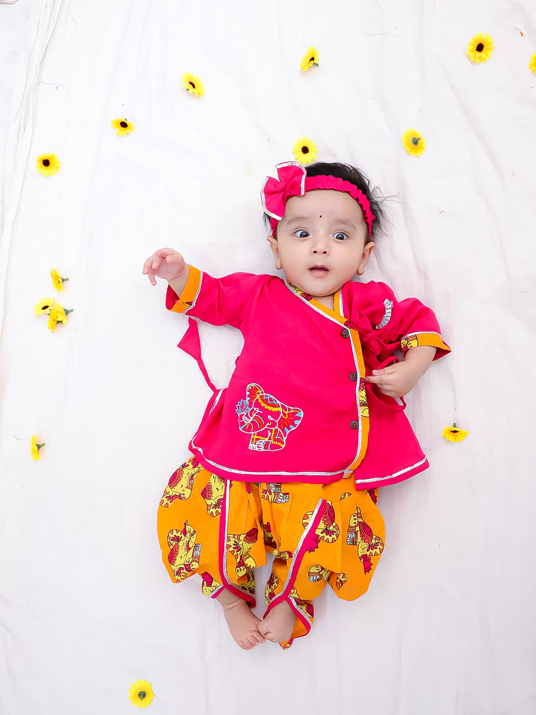BownBee Pure Cotton Embroidered Sleeveless Angarakha style Elephant Print Kurti With Dhoti For Infant Girls- Pink