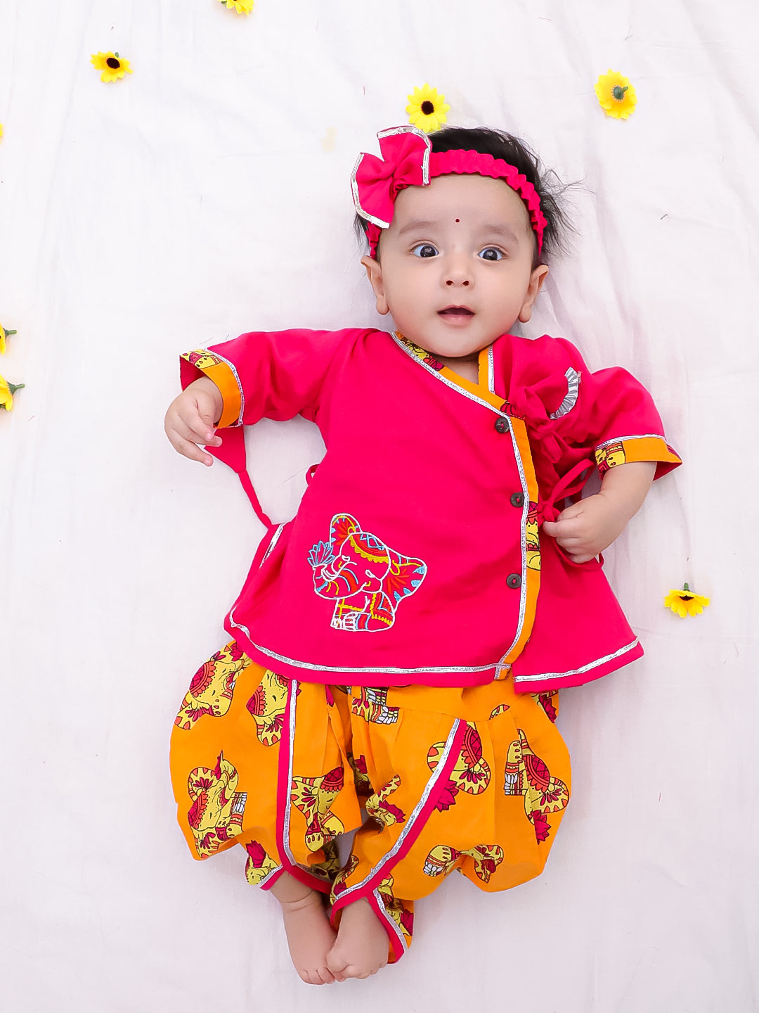 BownBee Pure Cotton Embroidered Sleeveless Angarakha style Elephant Print Kurti With Dhoti For Infant Girls- Pink