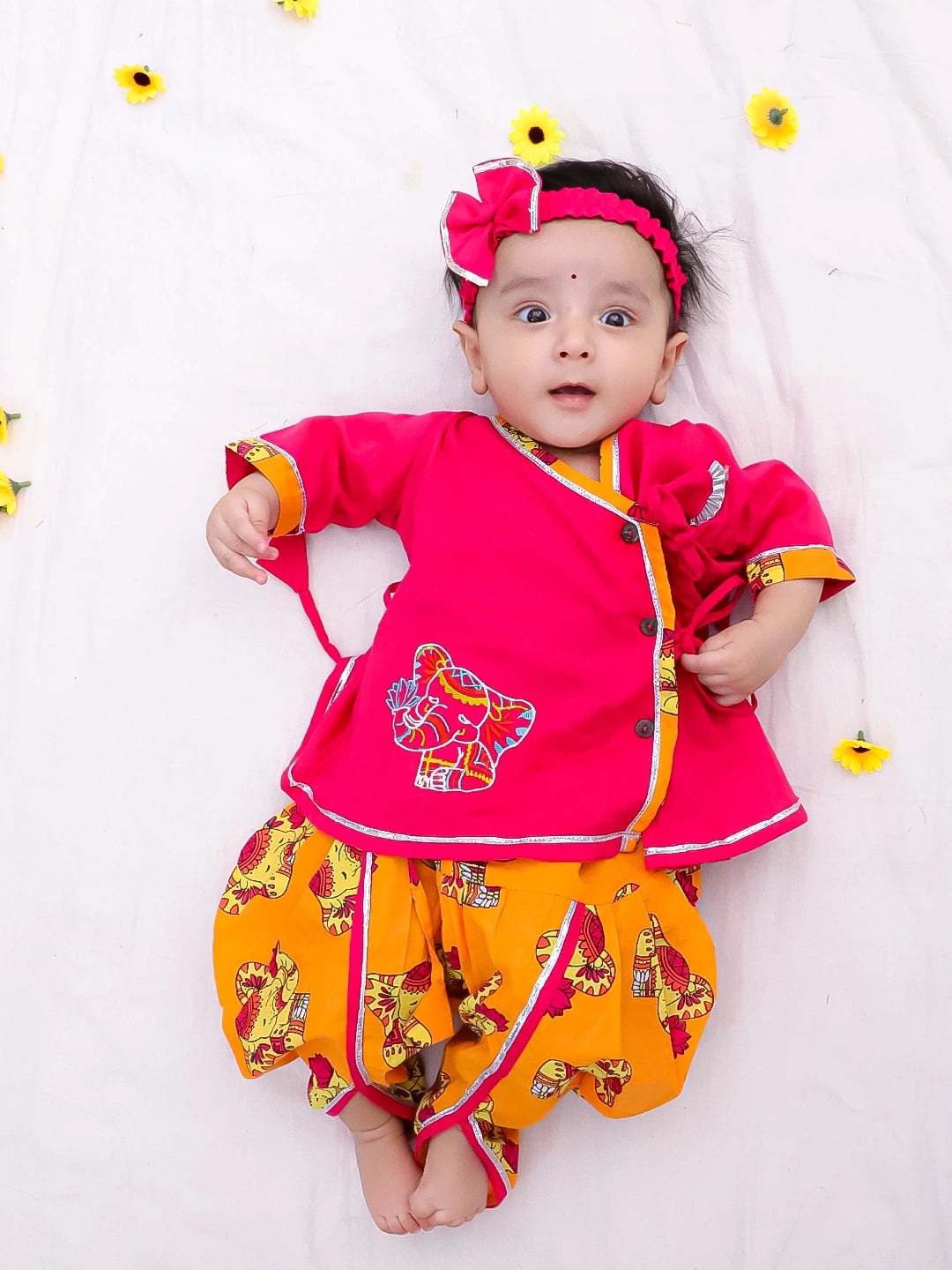 Bownbee Girls Cotton Ethnic Set For Infants  - Embroidered - Mustard