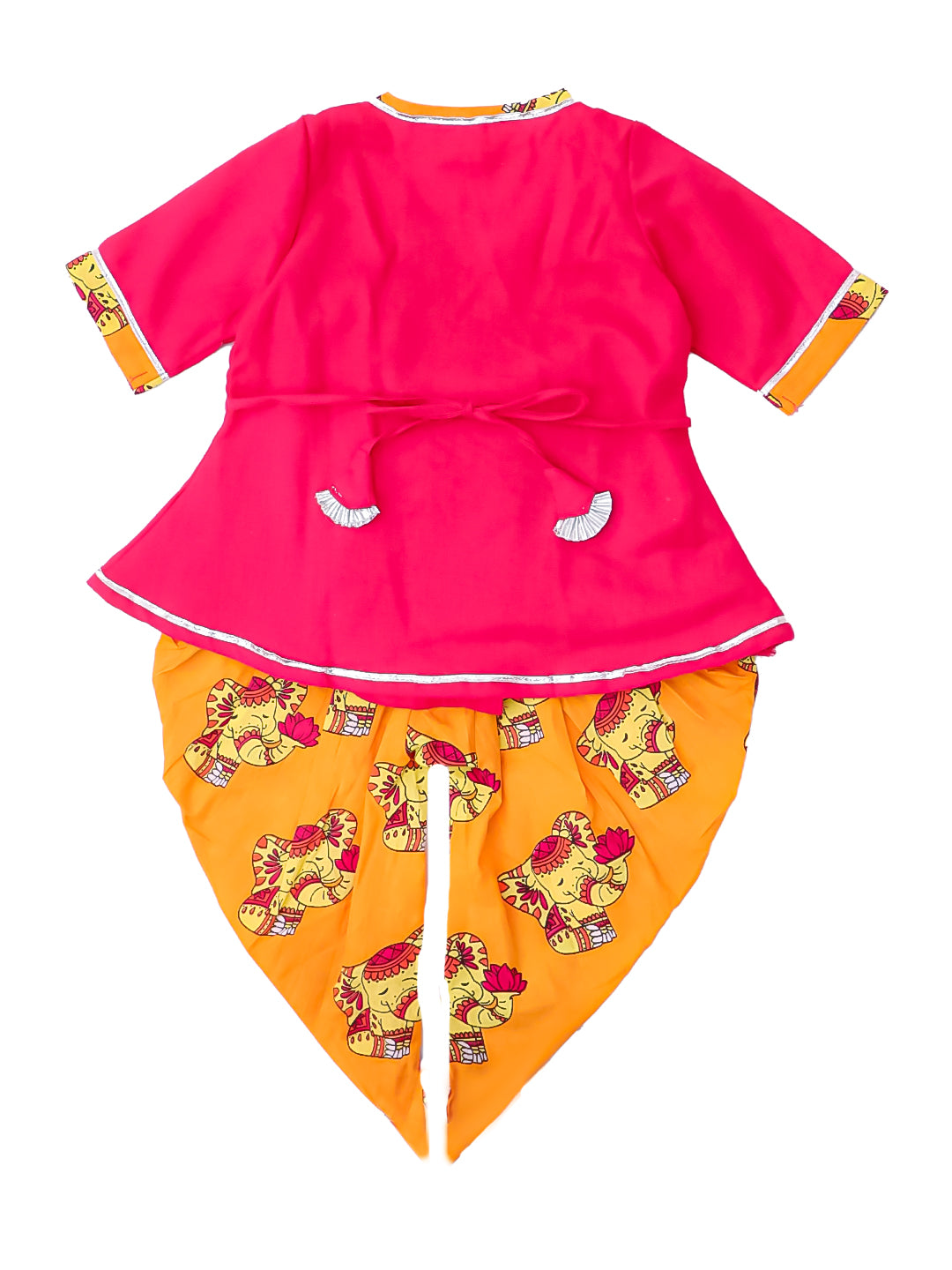 BownBee Pure Cotton Embroidered Sleeveless Angarakha style Elephant Print Kurti With Dhoti For Infant Girls- Pink