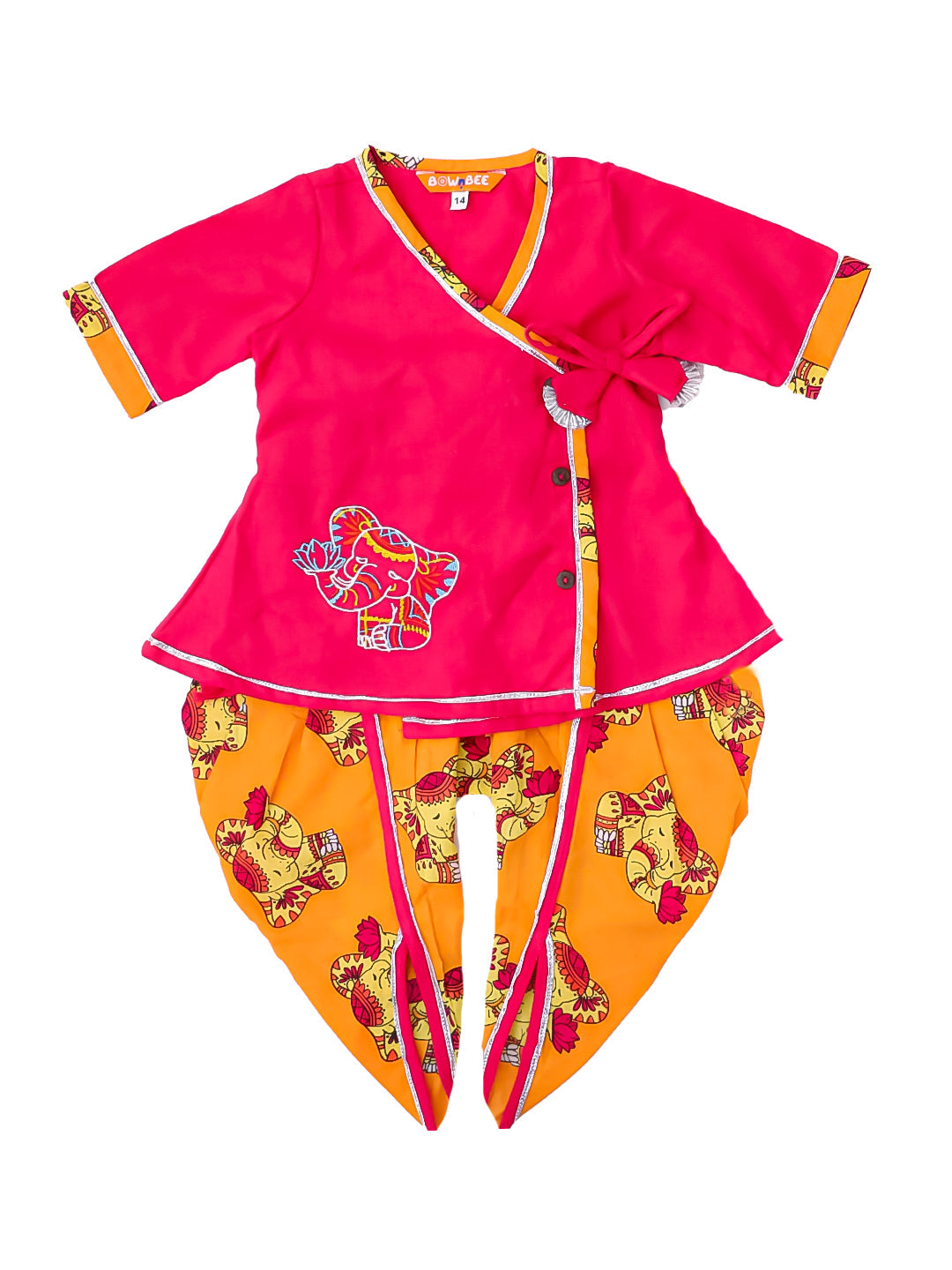 BownBee Pure Cotton Fish Embroidered Ethnic Suit Set & Kurta Dhoti Sibling Set For Infants - Pink