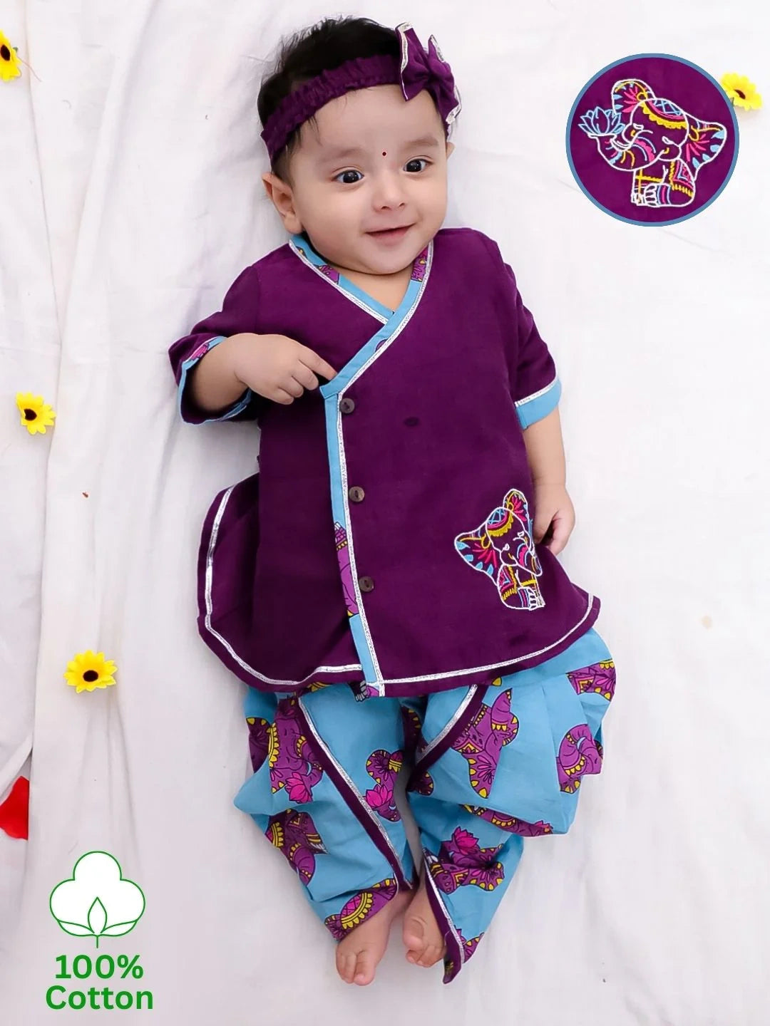 BownBee Pure Cotton Fish Embroidered Ethnic Suit Set & Kurta Dhoti Sibling Set For Infants