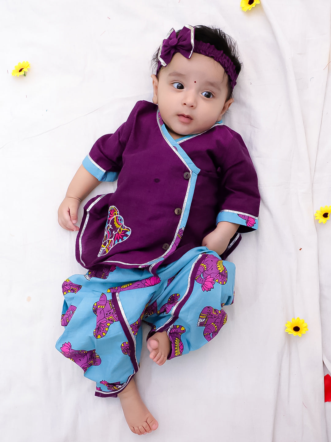 BownBee Pure Cotton Fish Embroidered Ethnic Suit Set & Kurta Dhoti Sibling Set For Infants - Purple
