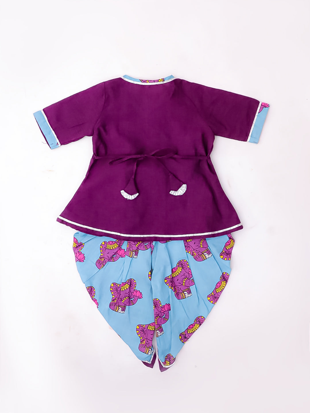 BownBee Pure Cotton Embroidered Sleeveless Angarakha style Elephant Print Kurti With Dhoti For Infant Girls- Purple
