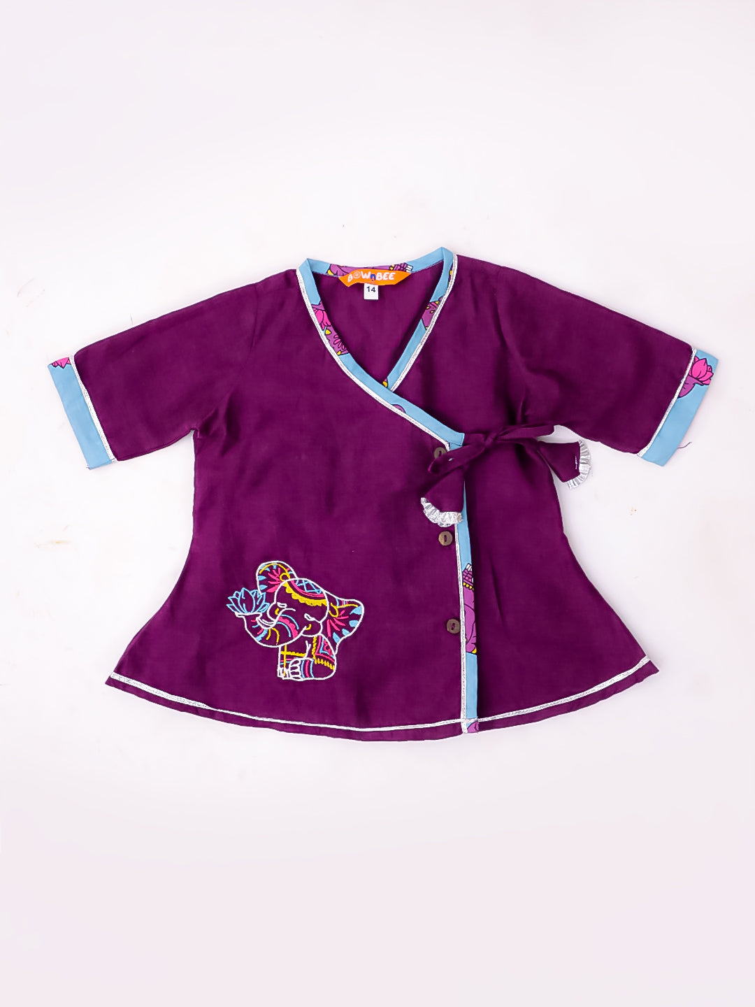 BownBee Pure Cotton Embroidered Sleeveless Angarakha style Elephant Print Kurti With Dhoti For Infant Girls- Purple
