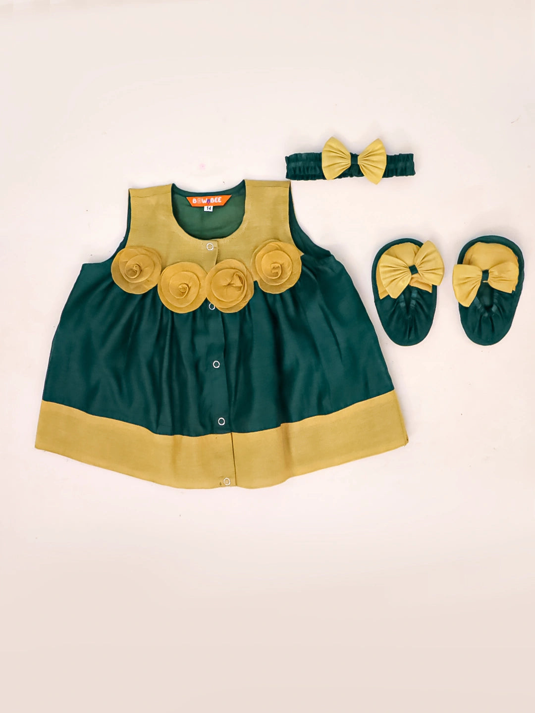 BownBee Sleeveless Chanderi Flower Dress With Booties & HairBand SetFor Infant Girls