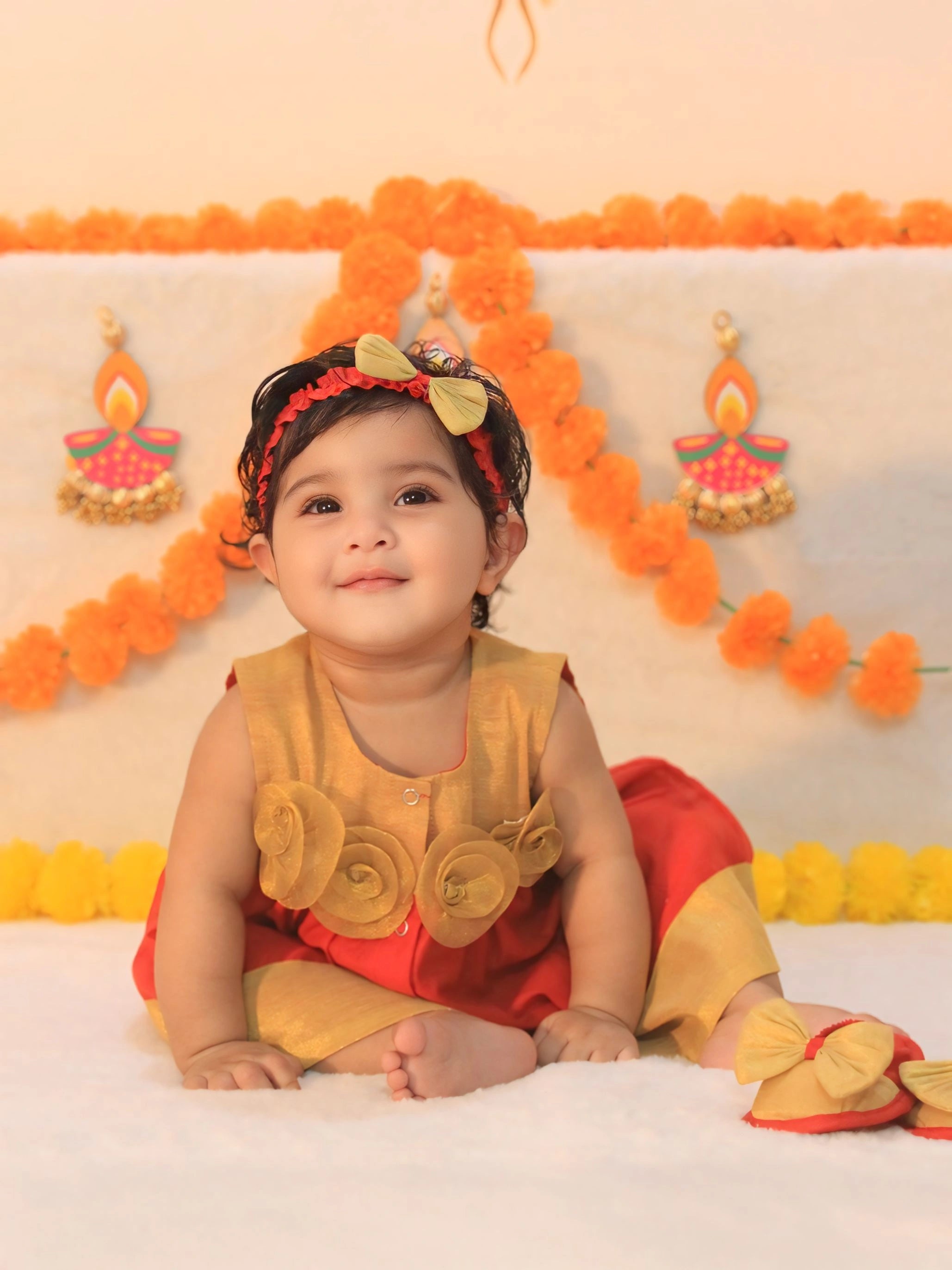 BownBee Sleeveless Chanderi Flower Dress With Booties & HairBand SetFor Infant Girls