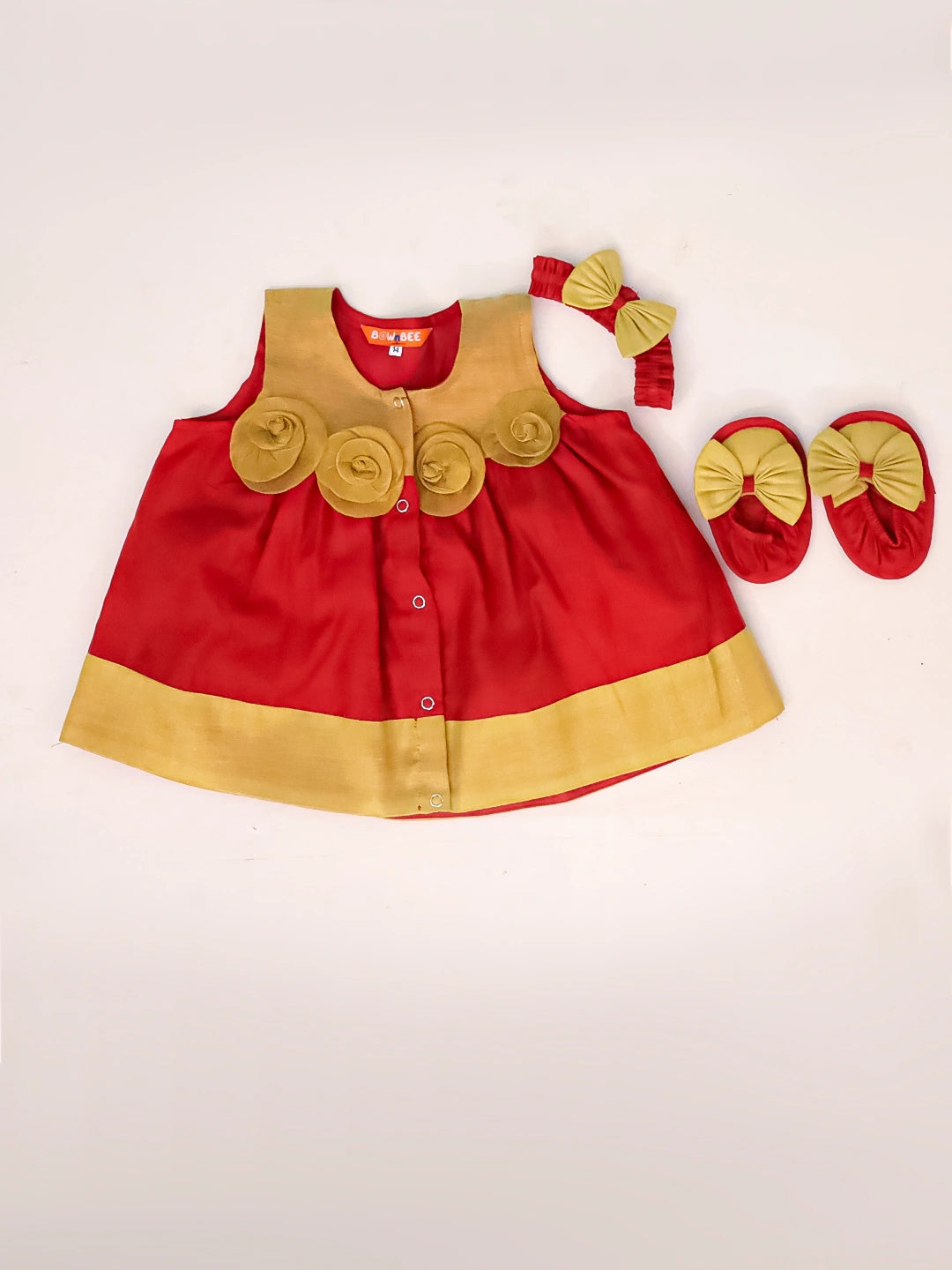 BownBee Sleeveless Chanderi Flower Dress With Booties & HairBand SetFor Infant Girls