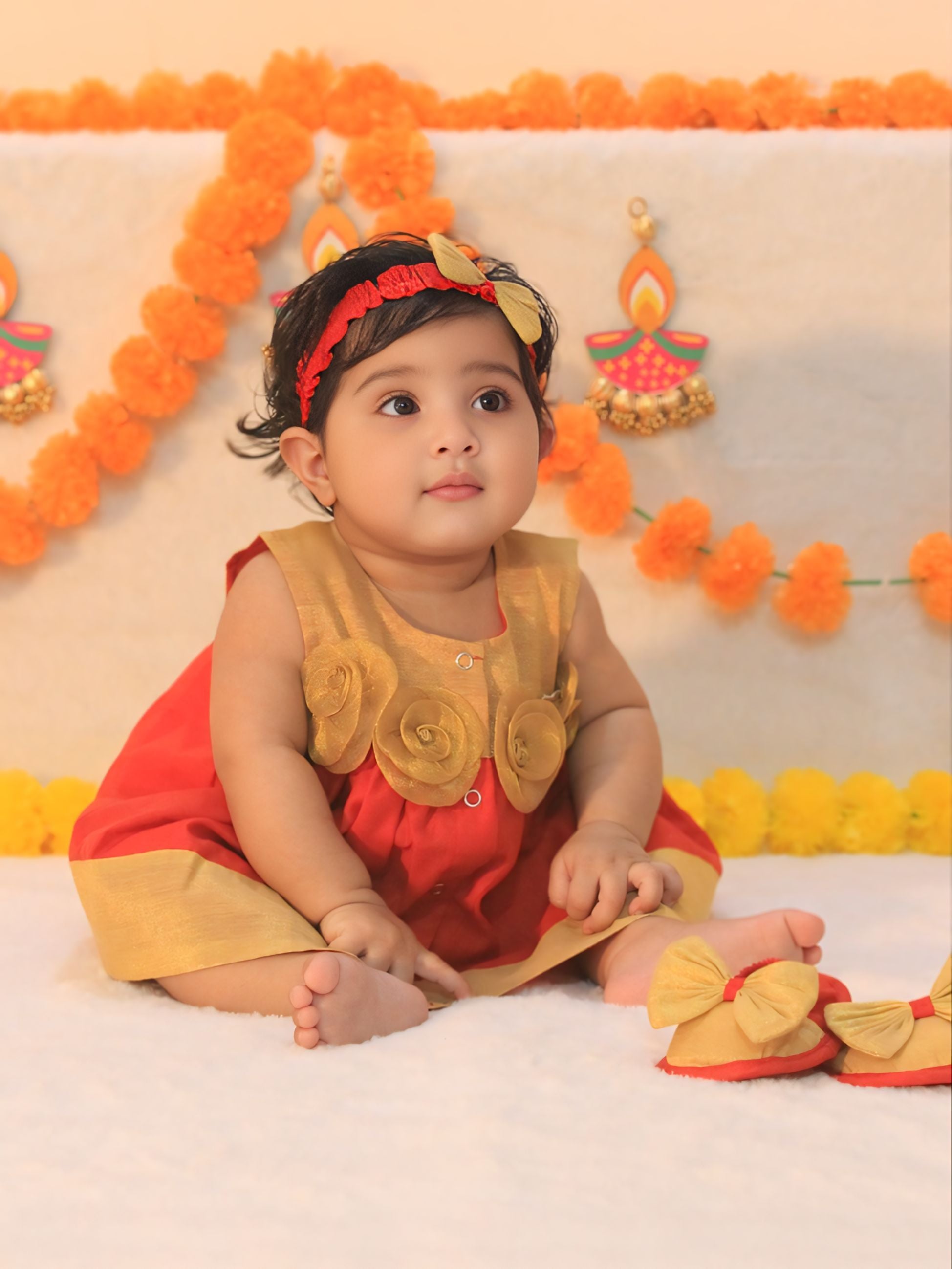 BownBee Sleeveless Chanderi Flower Dress With Booties & HairBand SetFor Infant Girls - Red