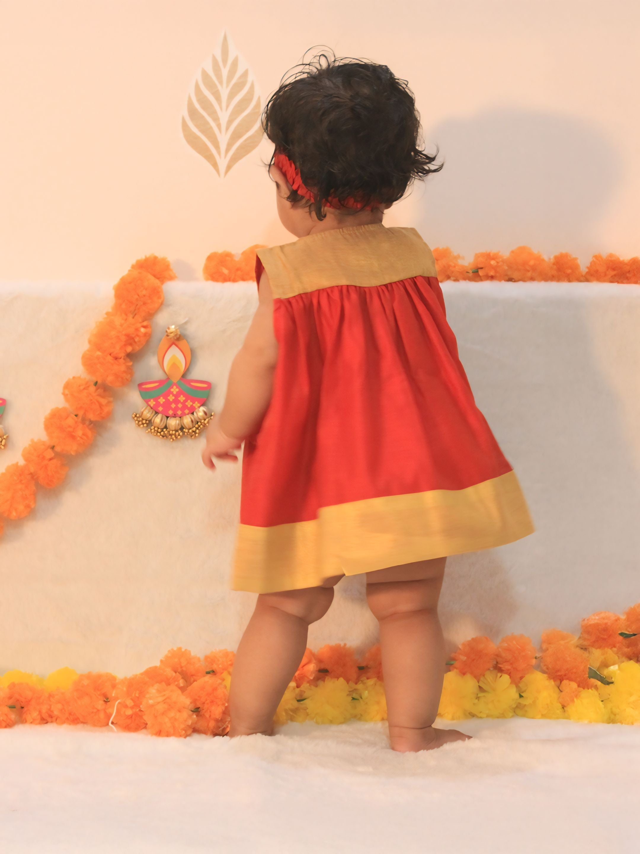 BownBee Sleeveless Chanderi Flower Dress With Booties & HairBand SetFor Infant Girls - Red