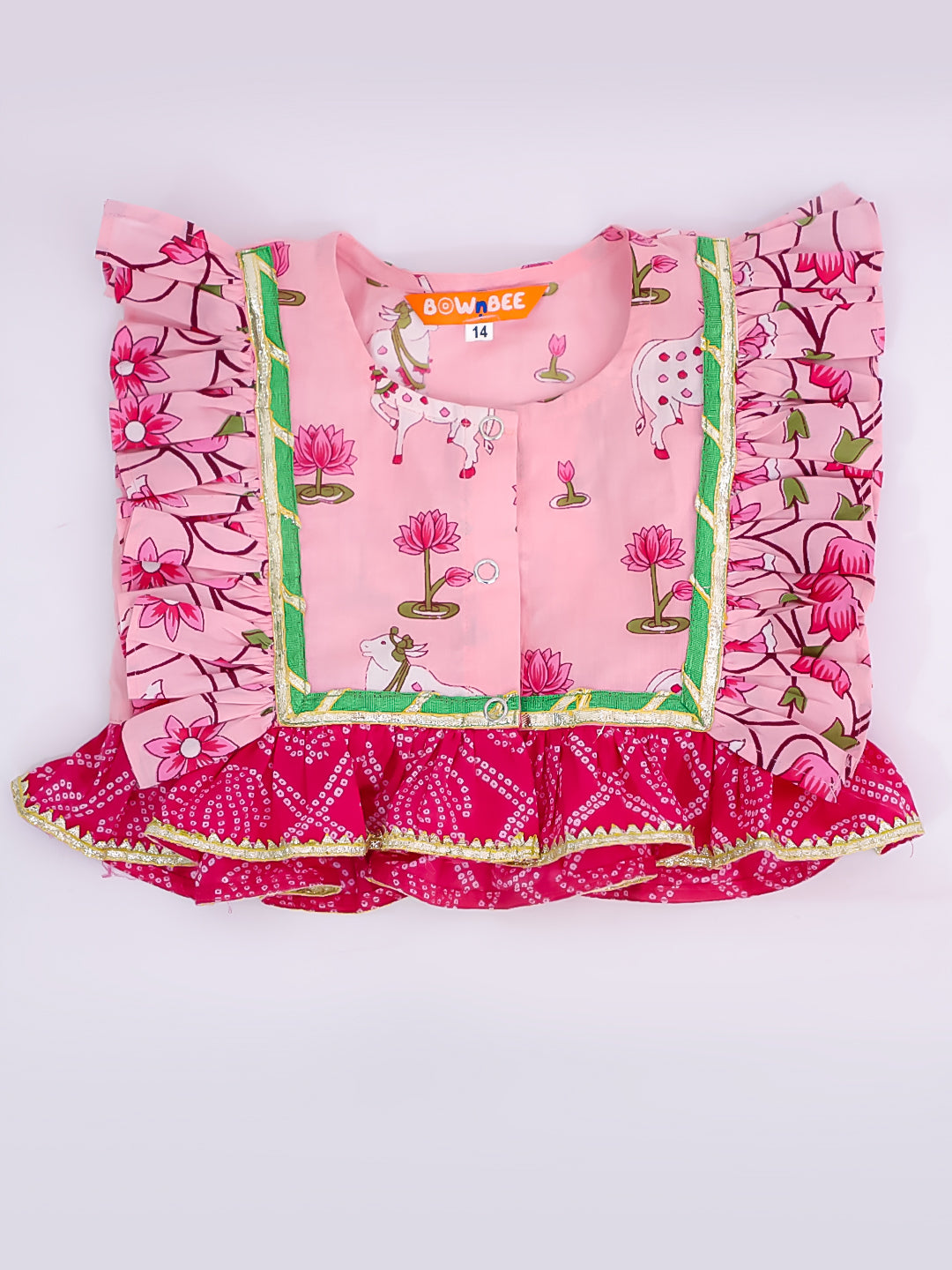 BownBee Festive Lehenga Choli & Dhoti Kurta Sibling Set for Infants | Traditional Rakhi & Wedding Wear – BownBee Festive Lehenga Choli & Dhoti Kurta Sibling Set For Infants - Pink