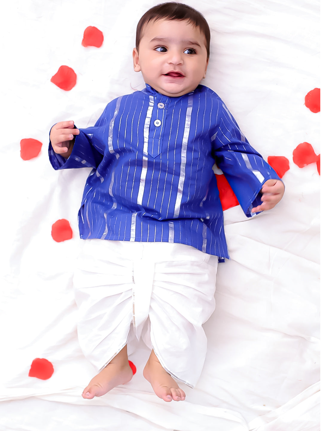 Bownbee Boys Cotton Dhoti Kurta For Infants  - Stripes - White