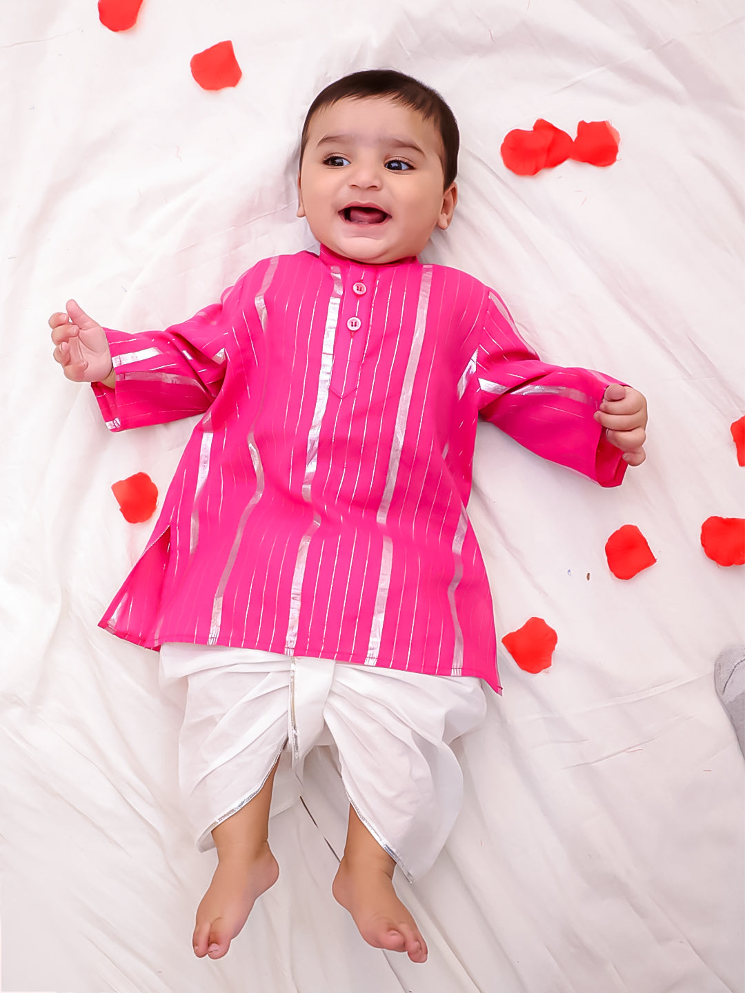 Bownbee Boys Cotton Dhoti Kurta For Infants  - Stripes - Pink