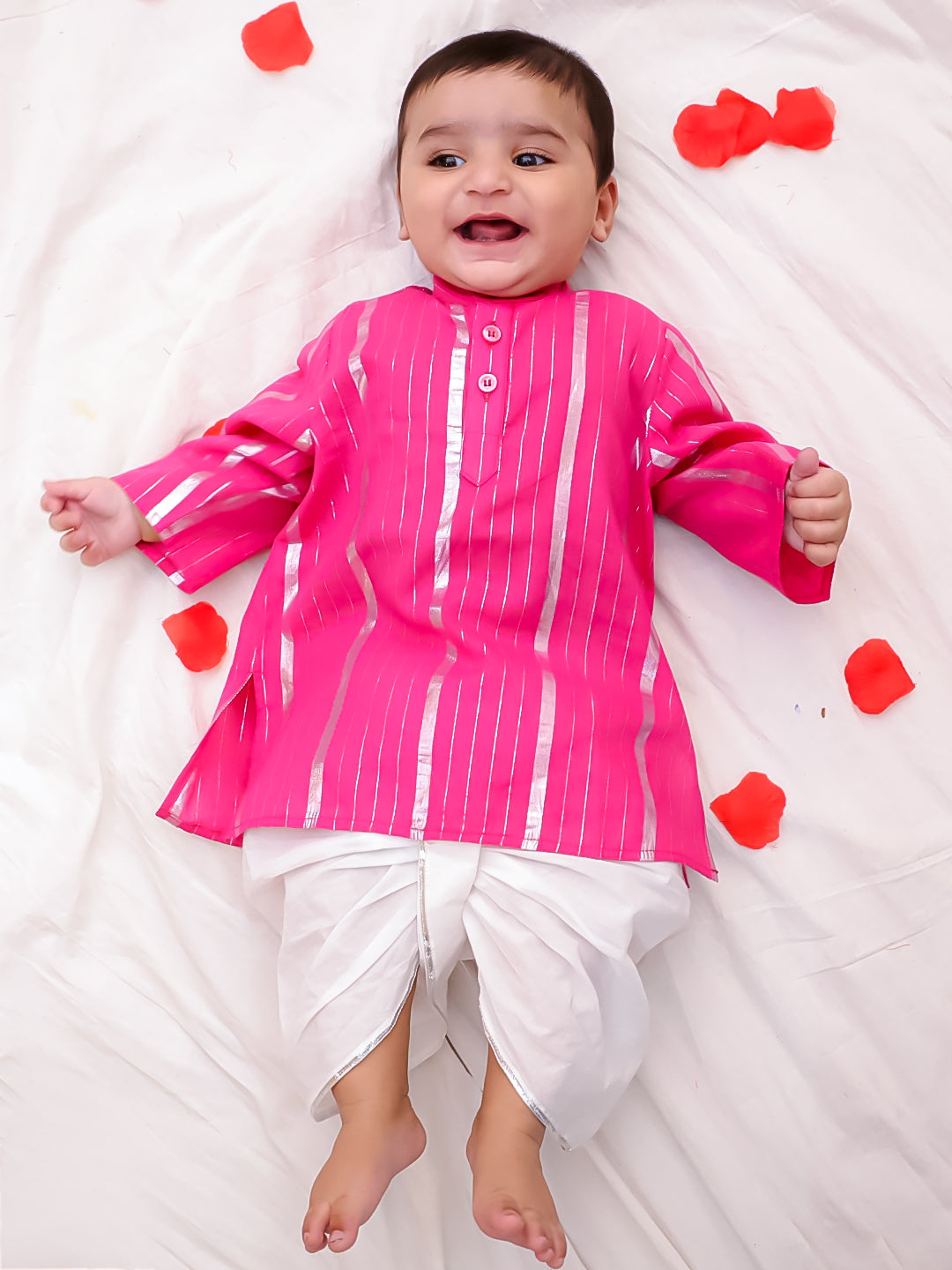 BownBee Pure Cotton Lurex Suit And Dhoti Kurta Sibling Set For Infant Girls - Pink