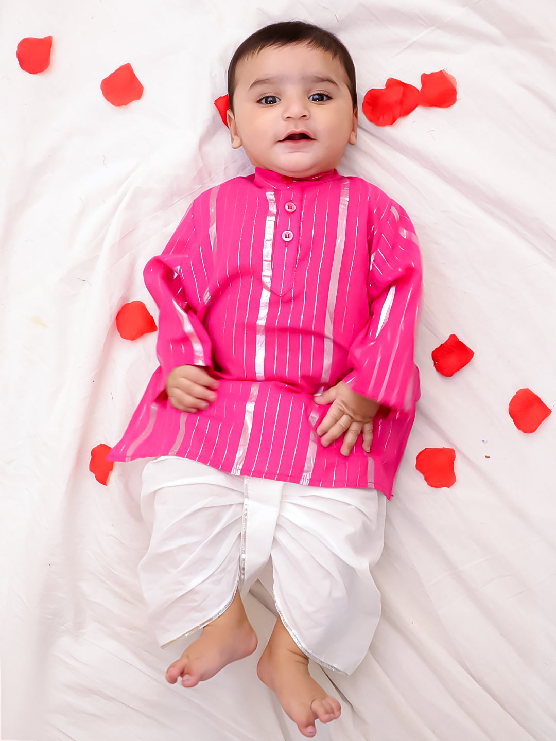 Bownbee Boys Cotton Dhoti Kurta For Infants  - Stripes - White