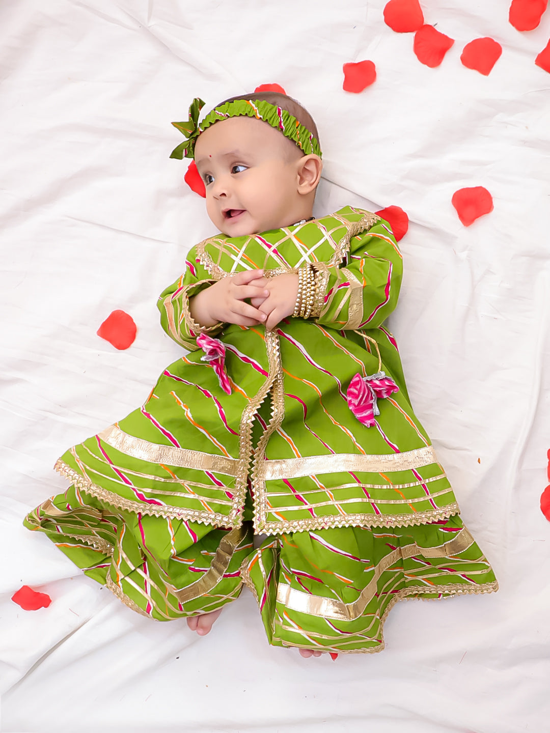 Bownbee Girls Cotton Ethnic Set For Infants  - Lehriya - Green