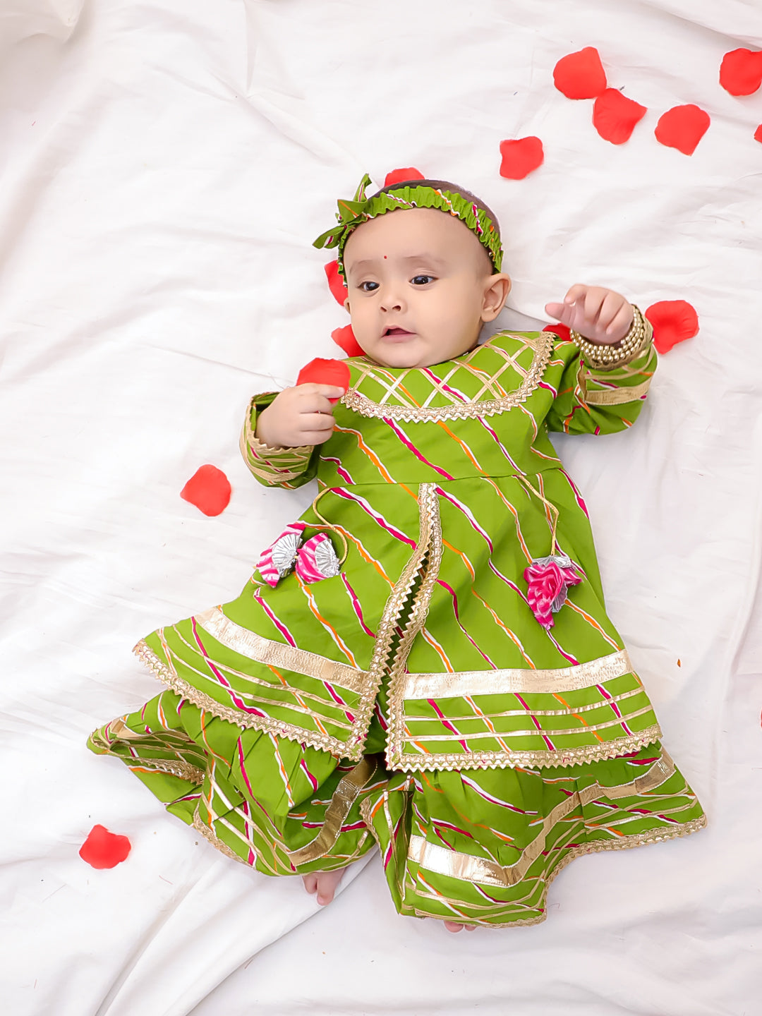 Bownbee Girls Cotton Ethnic Set For Infants  - Lehriya - Green