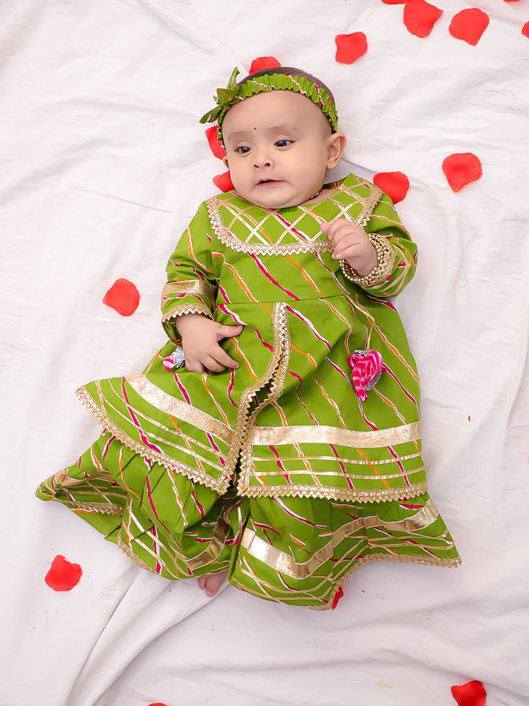 Bownbee Girls Cotton Ethnic Set For Infants  - Lehriya - Green