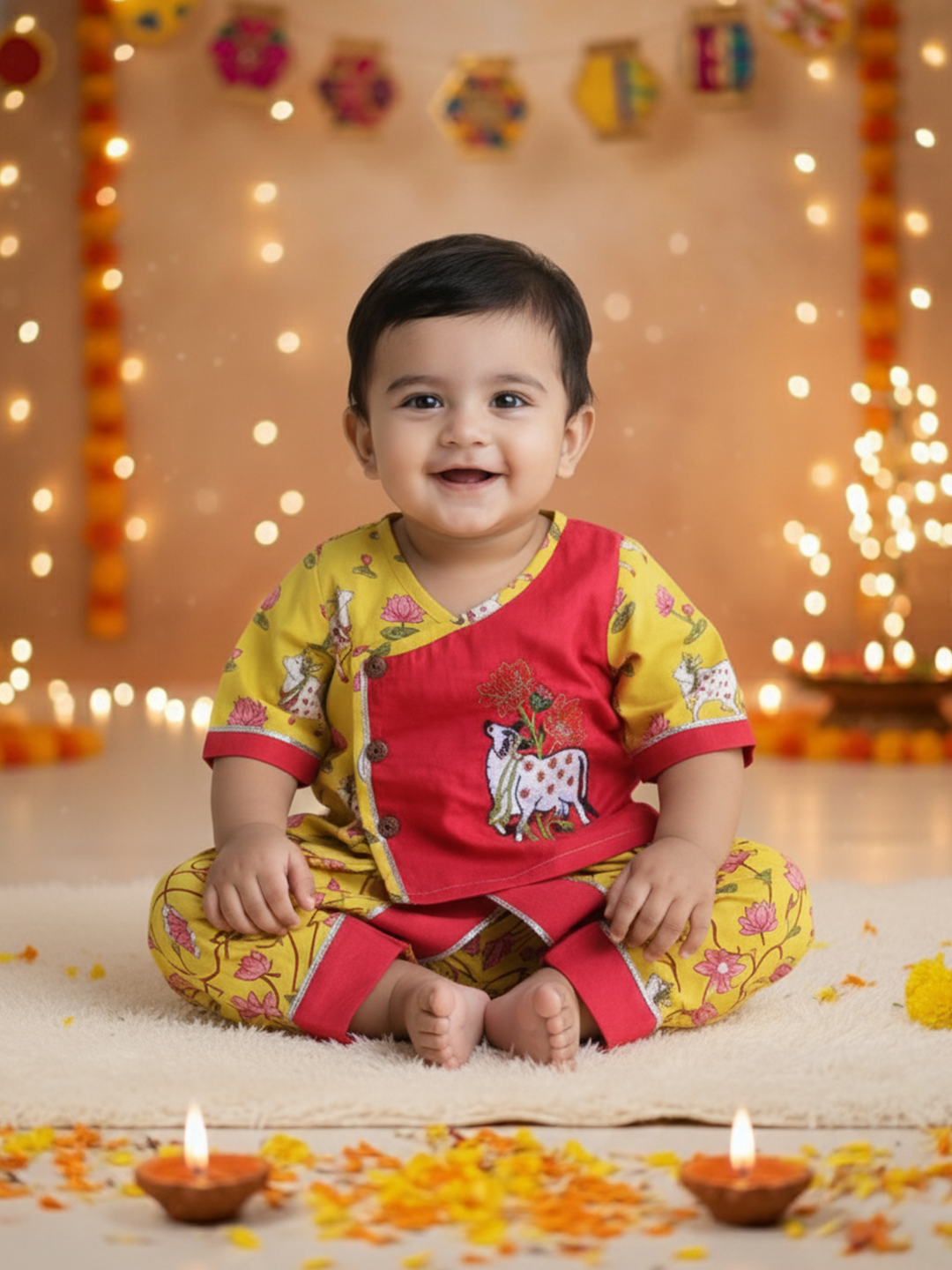 BownBee Pure Cotton Embroidered Dhoti Kurta Set For Infant Boys- Red