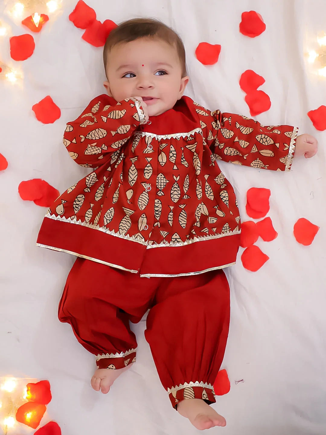 BownBee Festive Full Sleeves  Pure Cotton Suit Set For Infant Girls