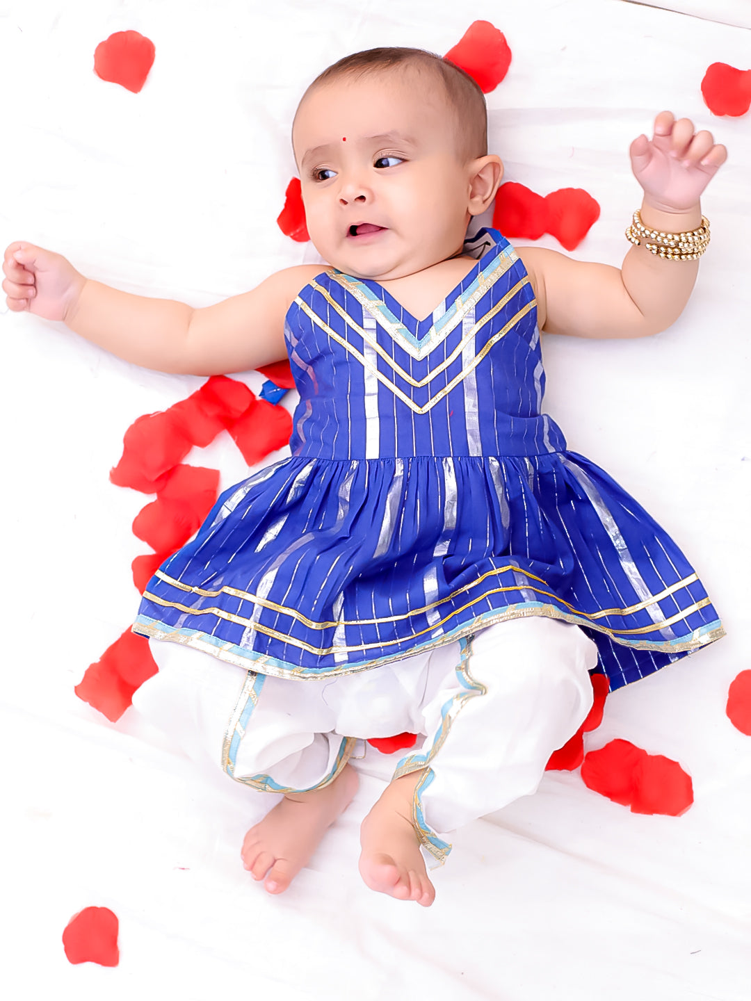BownBee Pure Cotton Lurex Kurti With Dhoti Set For Infant Girls - Blue