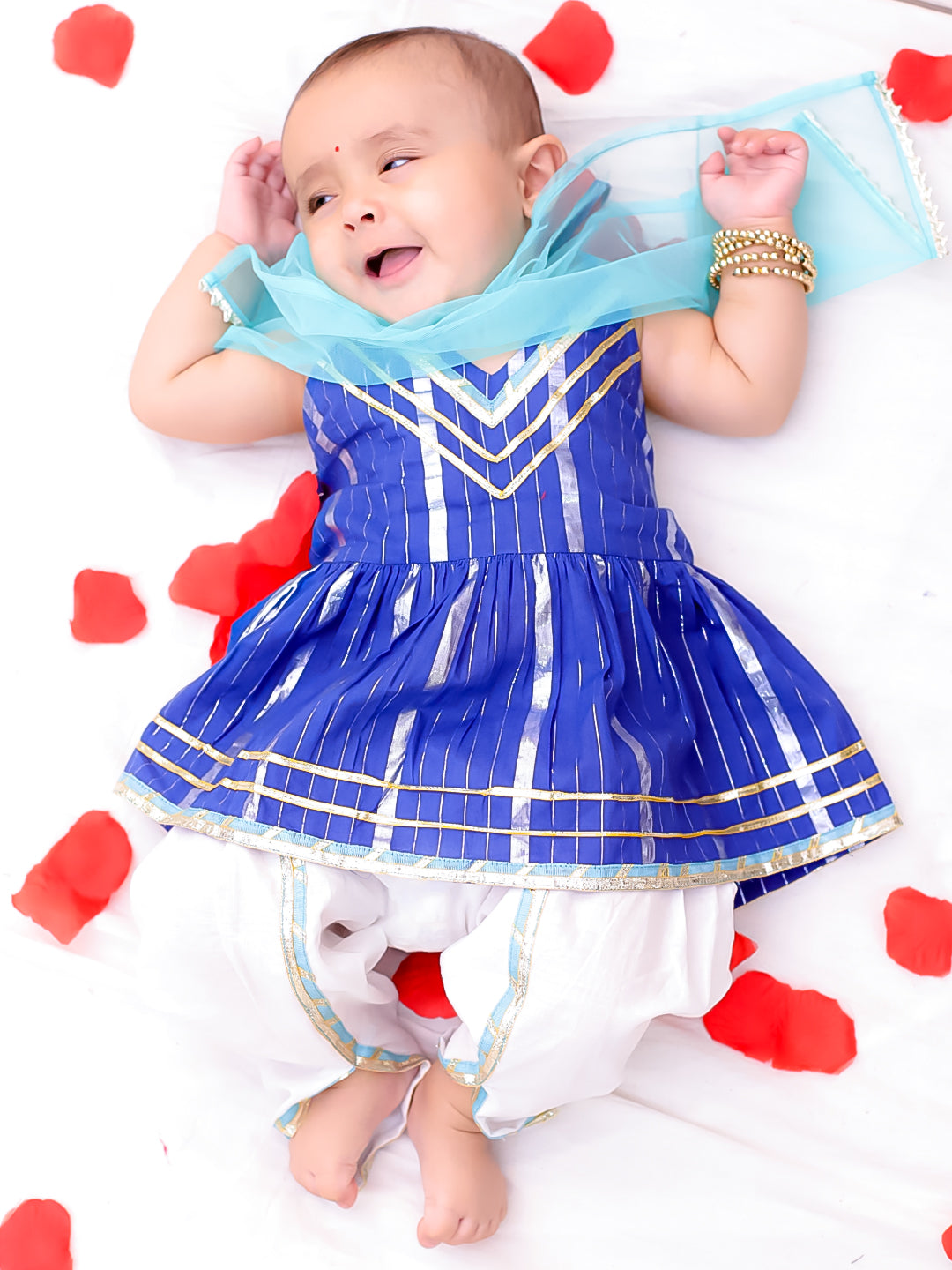 BownBee Pure Cotton Lurex Kurti With Dhoti Set For Infant Girls - Blue