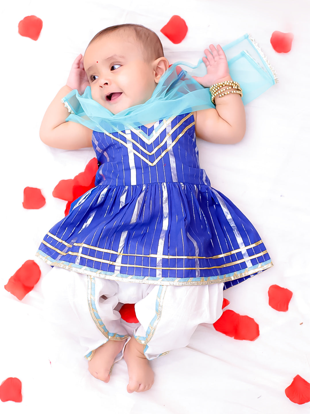 BownBee Pure Cotton Lurex Kurti With Dhoti Set For Infant Girls - Blue