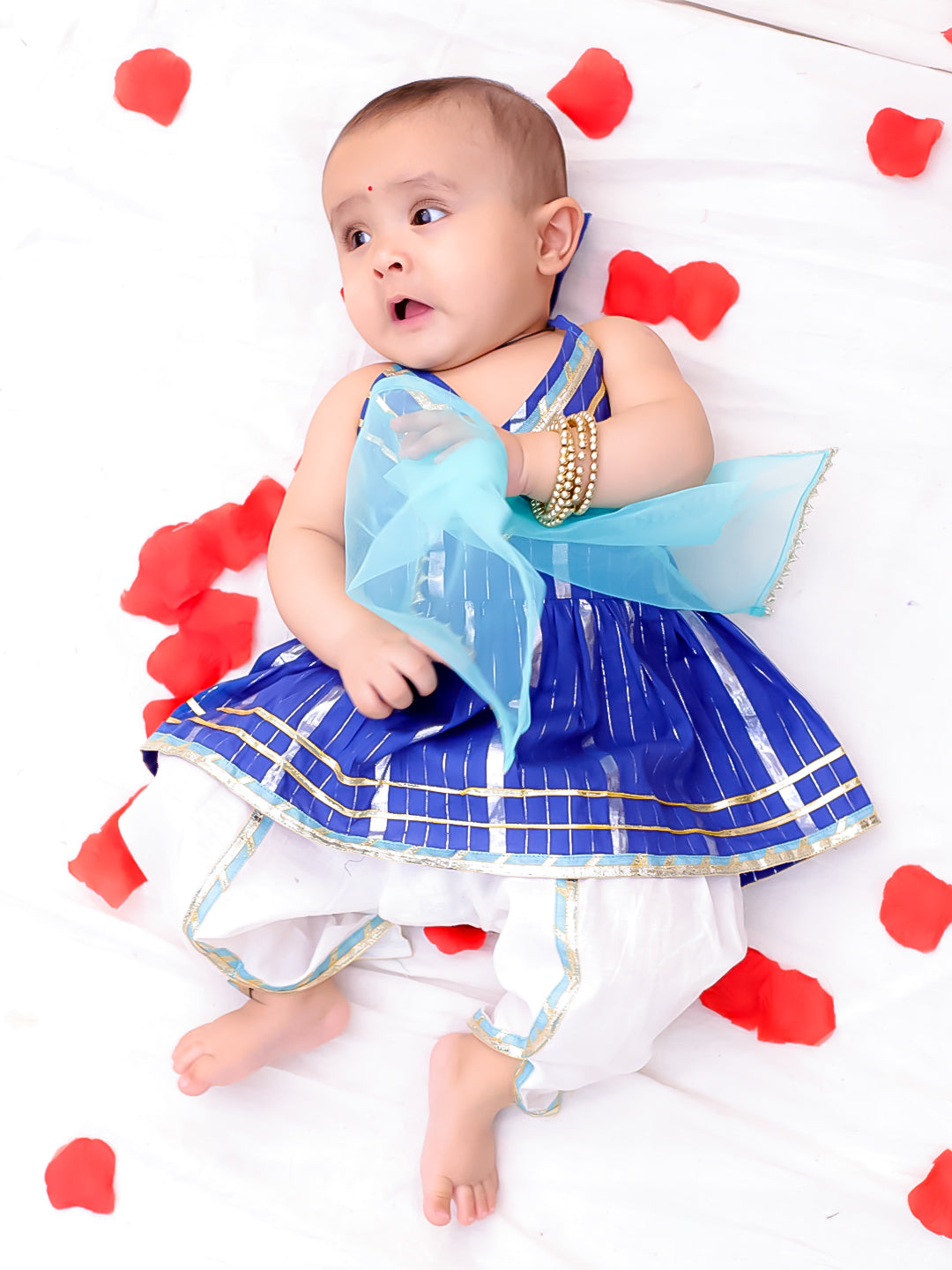BownBee Pure Cotton Lurex Kurti With Dhoti Set For Infant Girls - Blue