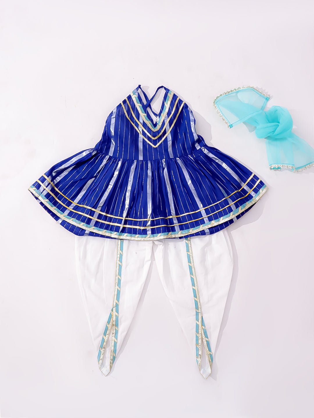 BownBee Pure Cotton Lurex Kurti With Dhoti Set For Infant Girls - Blue