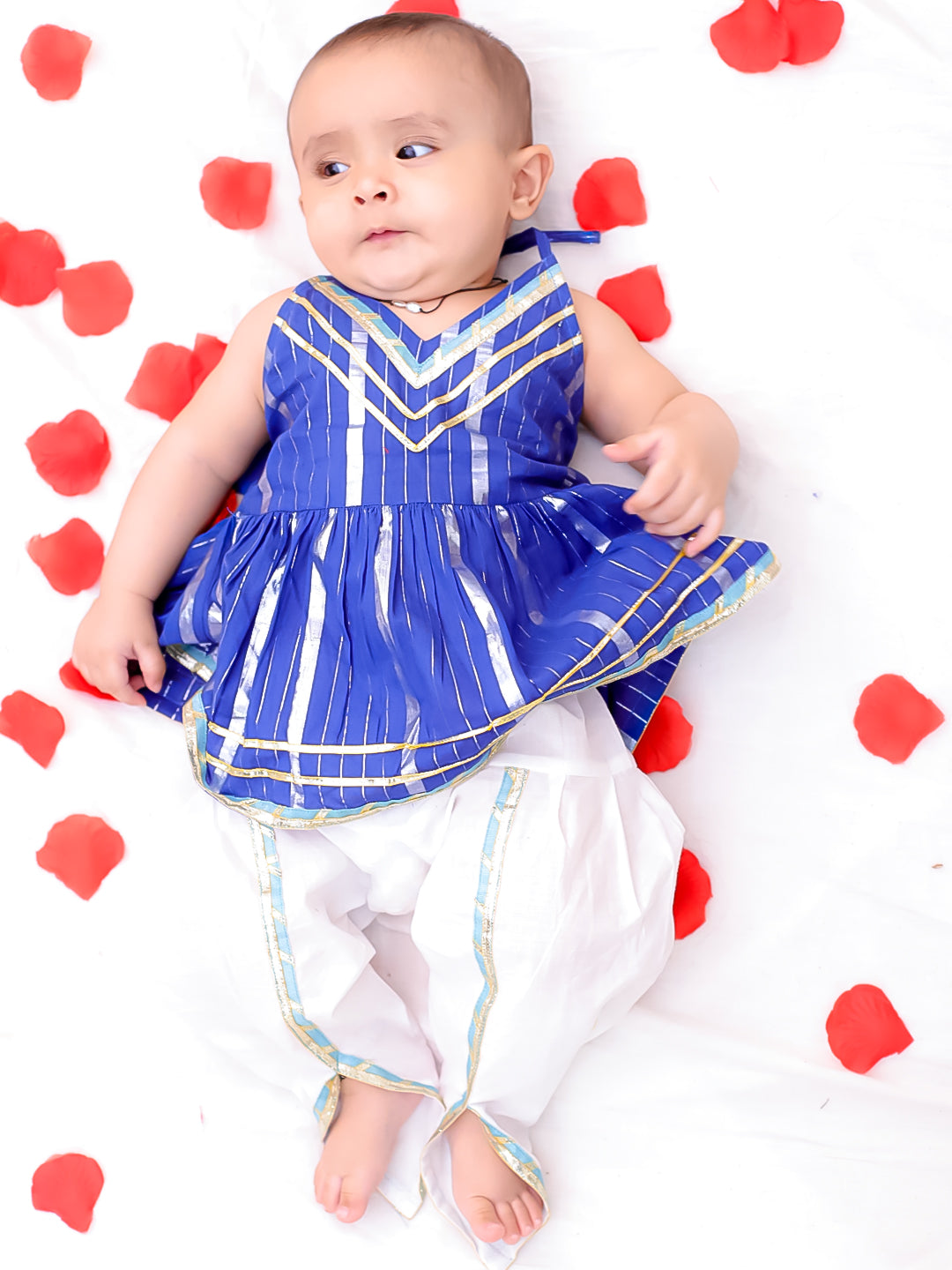 BownBee Pure Cotton Lurex Kurti With Dhoti Set For Infant Girls - Blue