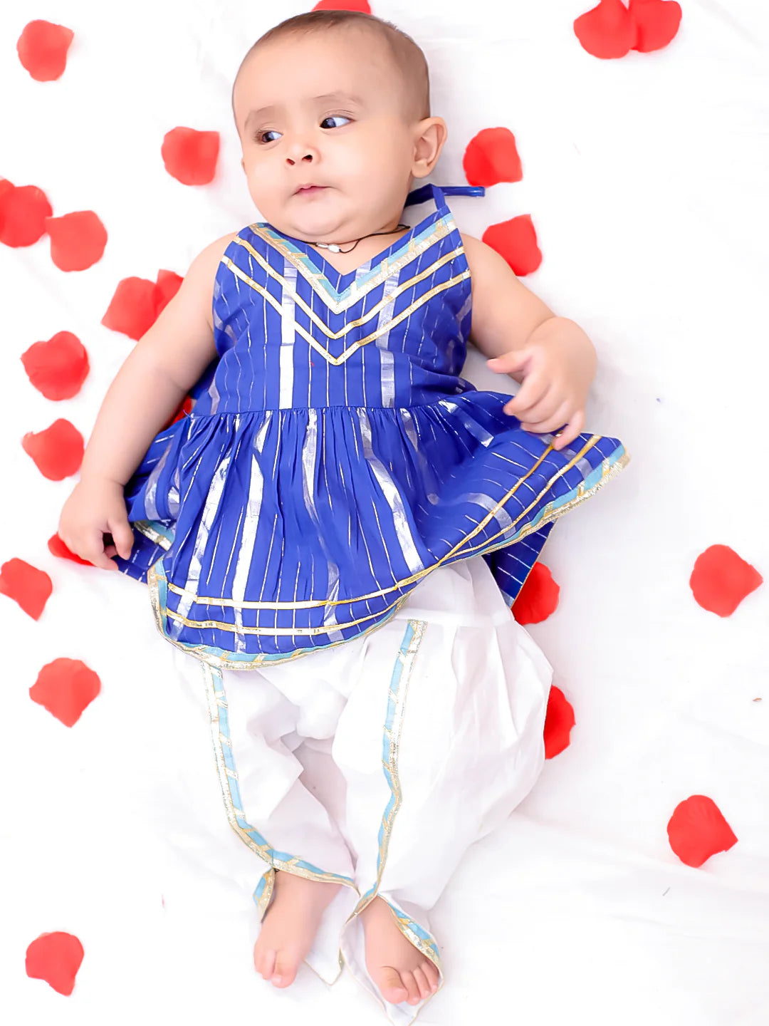 BownBee Pure Cotton Lurex Suit And Dhoti Kurta Sibling Set For Infant Girls