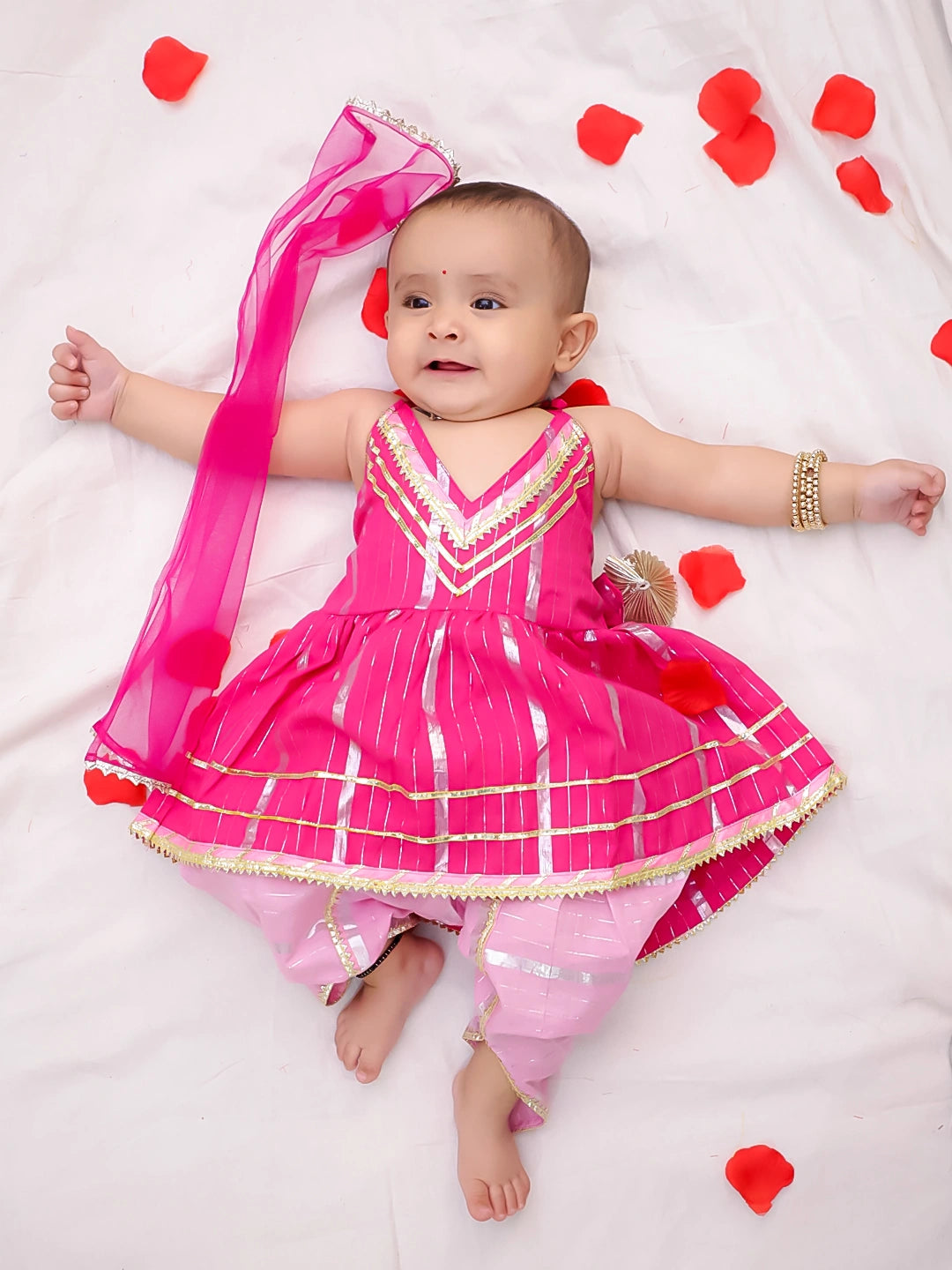 Bownbee Girls Cotton Ethnic Set For Infants  - Stripes - Pink