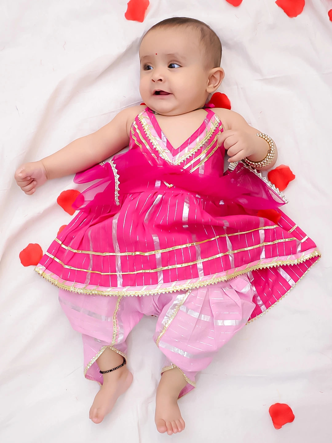 Bownbee Girls Cotton Ethnic Set For Infants  - Stripes - Pink