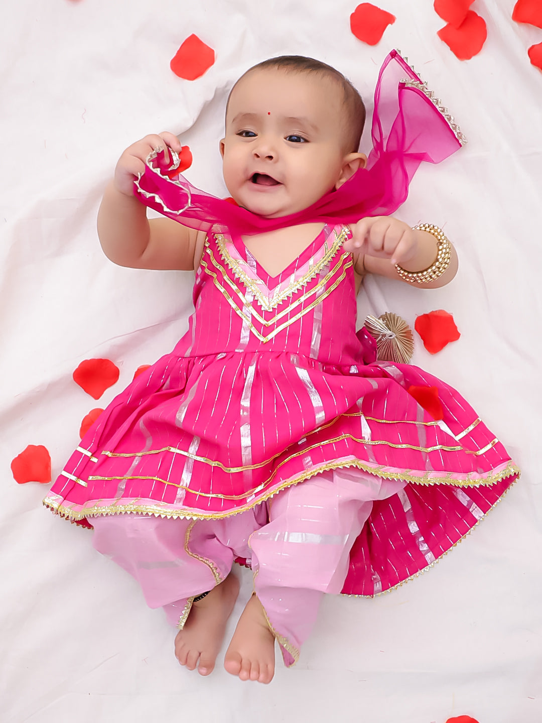 BownBee Pure Cotton Lurex Suit And Dhoti Kurta Sibling Set For Infant Girls - Pink
